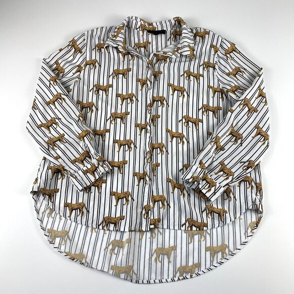 Jane & Delancey Striped Cheetah Blouse Button Up Roll Tab Sleeve Novelty Sz XL - Picture 9 of 10